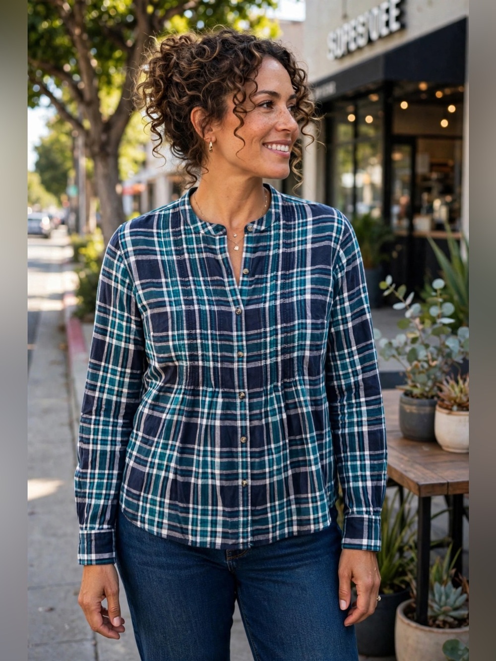 Eileen Fisher Navy and Teal Plaid Button-Down Shirt